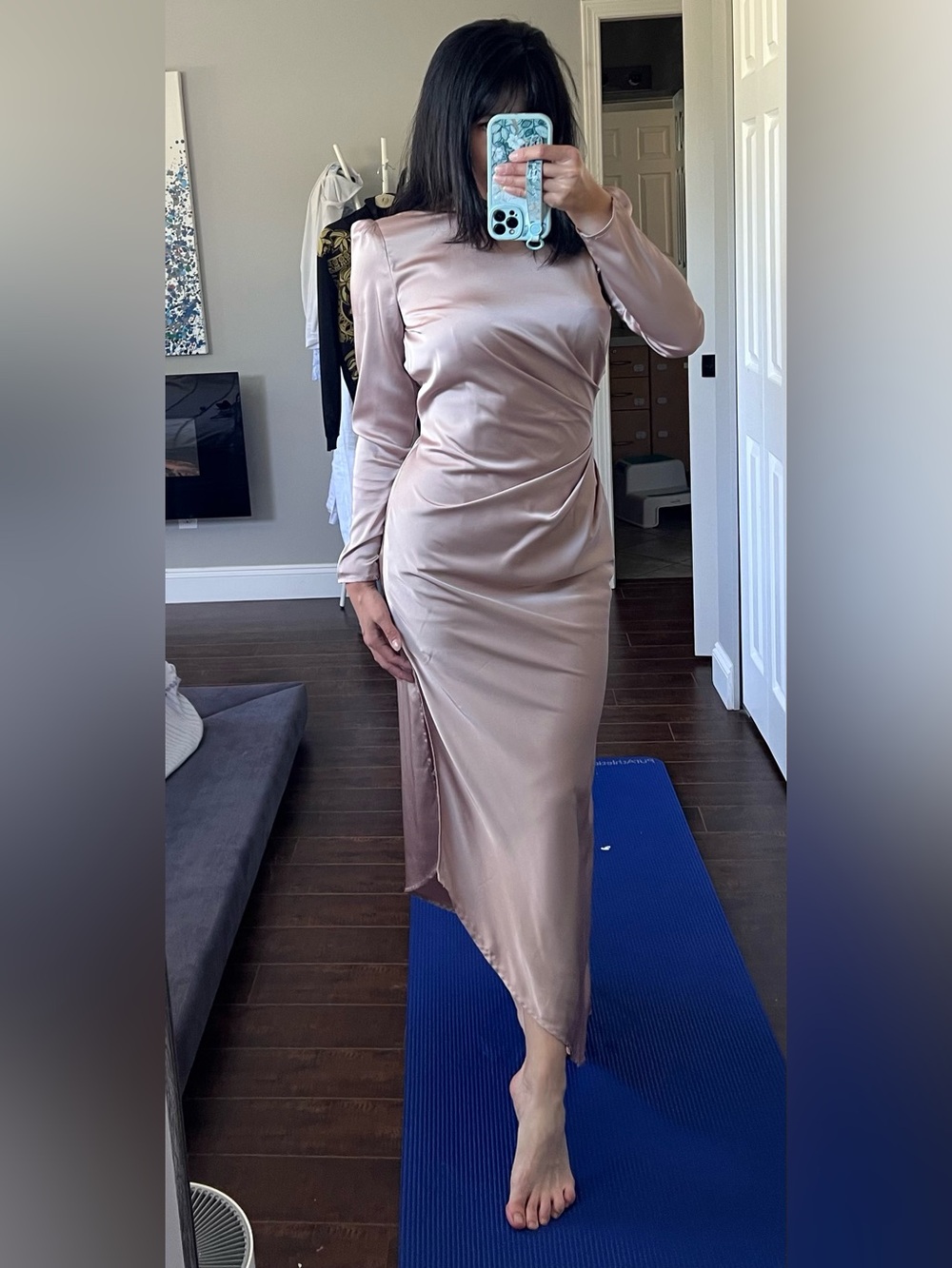 Chi Chi London Long Sleeve Asymmetric Ruched Maxi Dress w/slit - Size 4